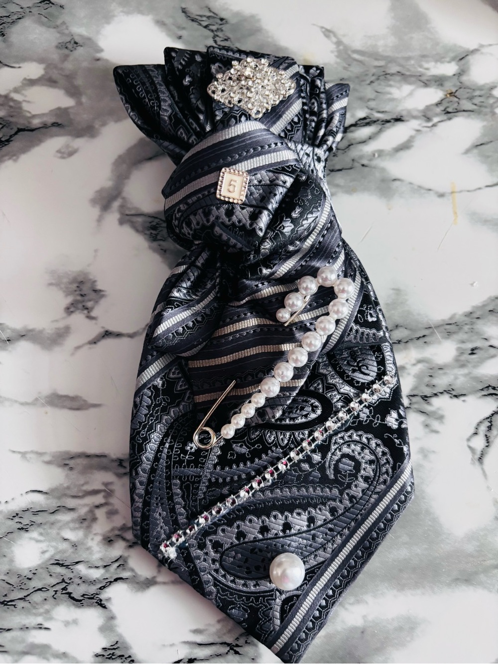Black Paisley Pattern Women's Neck Tie with Silver Accents